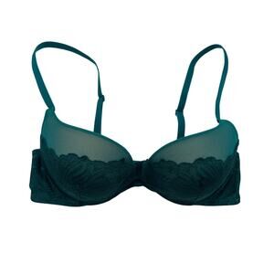 Adore Me Bra Lace Push Up Padded Demi Underwire Back Closure Teal 32C